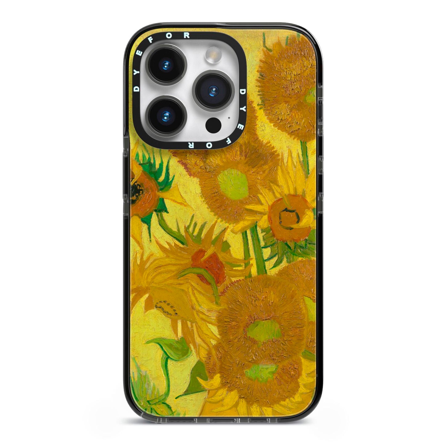 Van Gogh Sunflowers iPhone 14 Pro Black Impact Case on Silver phone