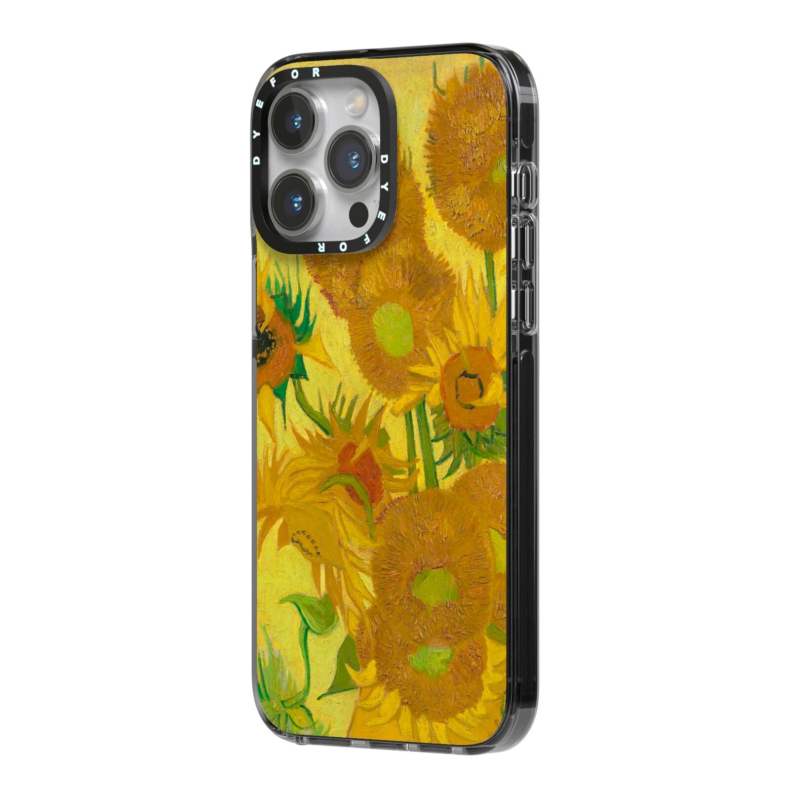 Van Gogh Sunflowers iPhone 14 Pro Max Black Impact Case Side Angle on Silver phone