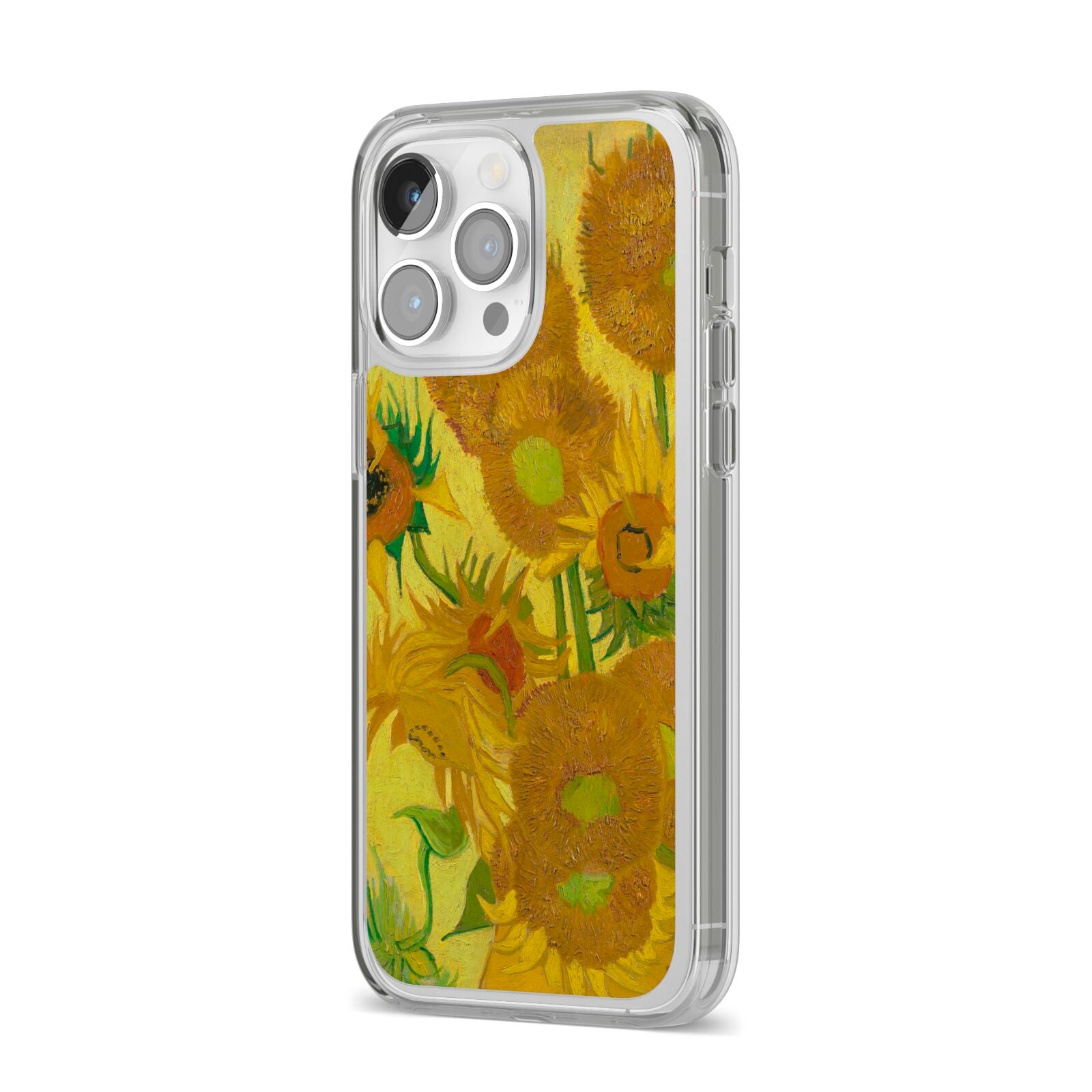 Van Gogh Sunflowers iPhone 14 Pro Max Clear Tough Case Silver Angled Image
