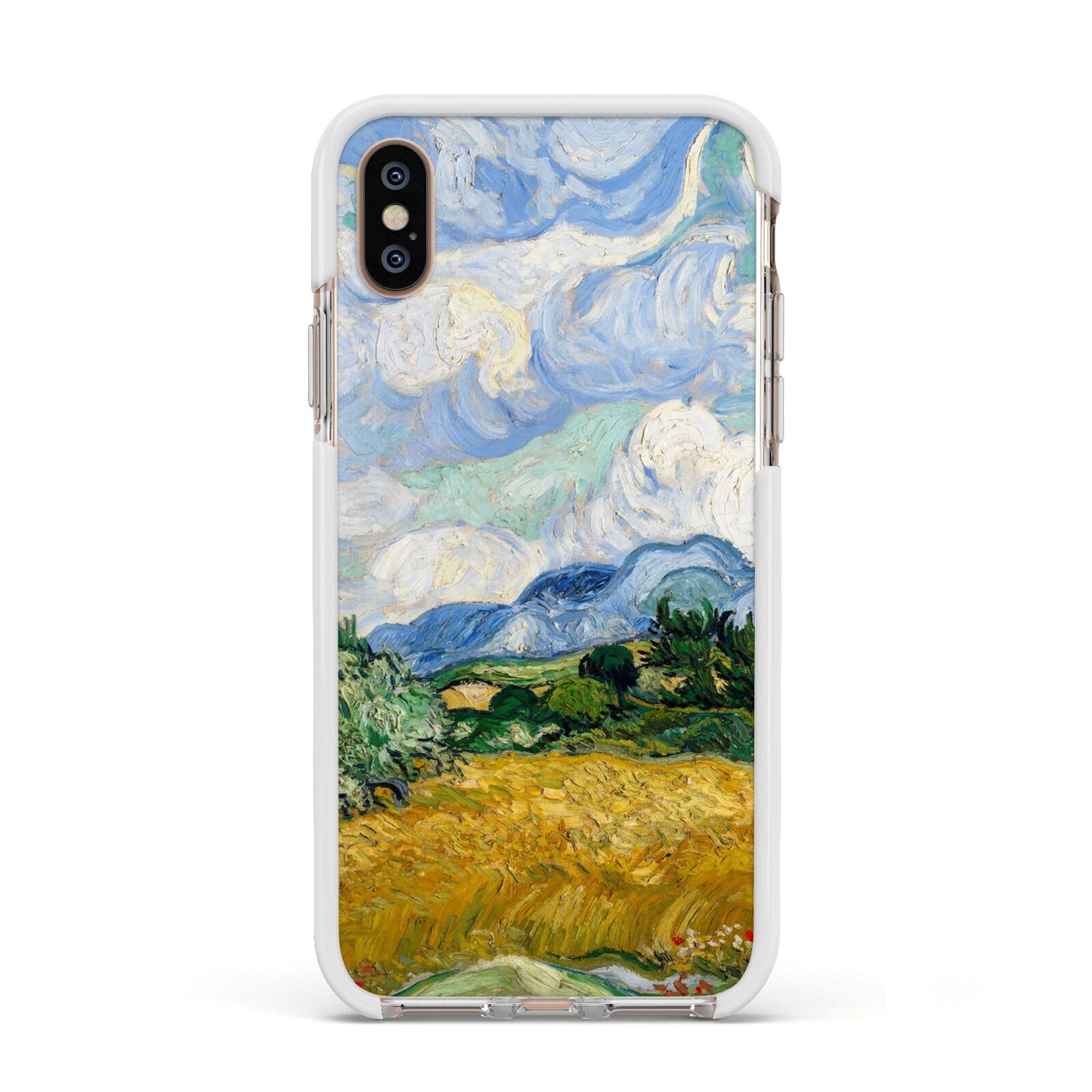 Van Gogh Wheat Field with Cypresses Apple iPhone Xs Impact Case White Edge on Gold Phone