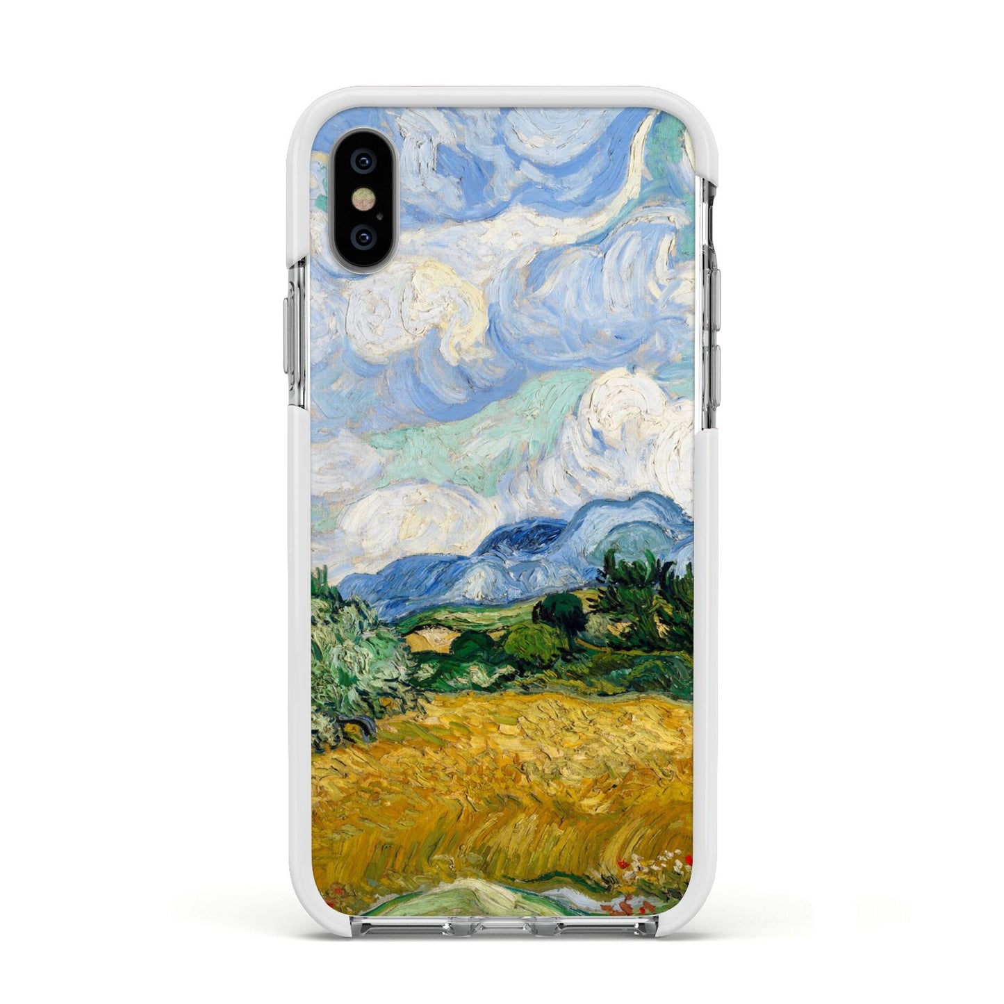 Van Gogh Wheat Field with Cypresses Apple iPhone Xs Impact Case White Edge on Silver Phone