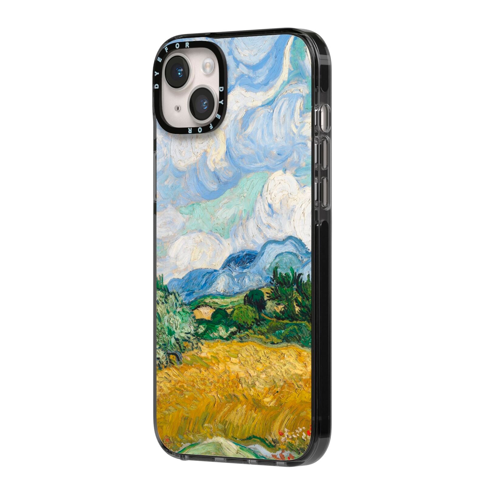 Van Gogh Wheat Field with Cypresses iPhone 14 Plus Black Impact Case Side Angle on Silver phone