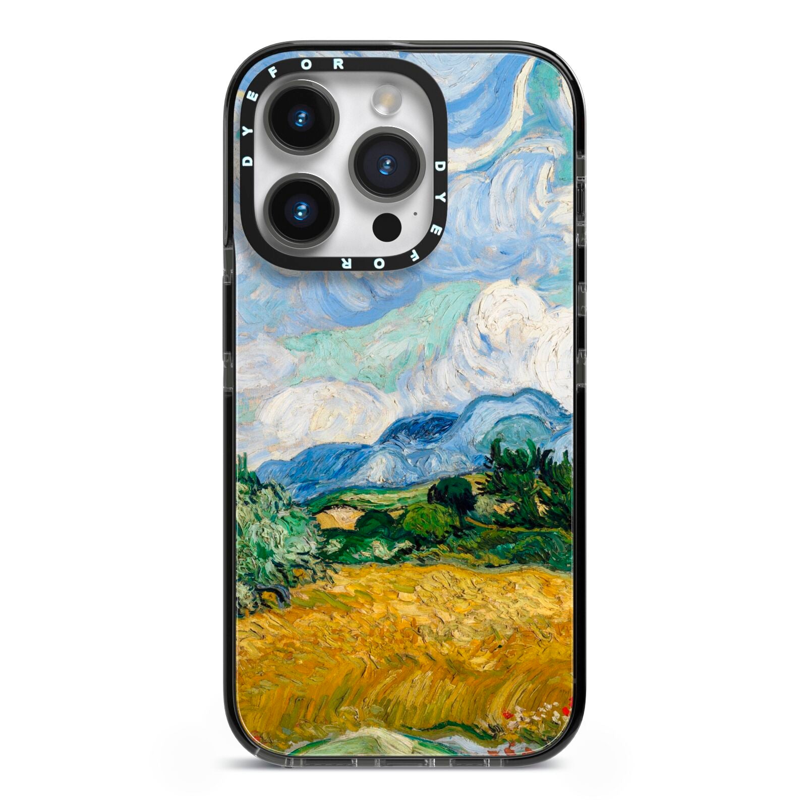 Van Gogh Wheat Field with Cypresses iPhone 14 Pro Black Impact Case on Silver phone