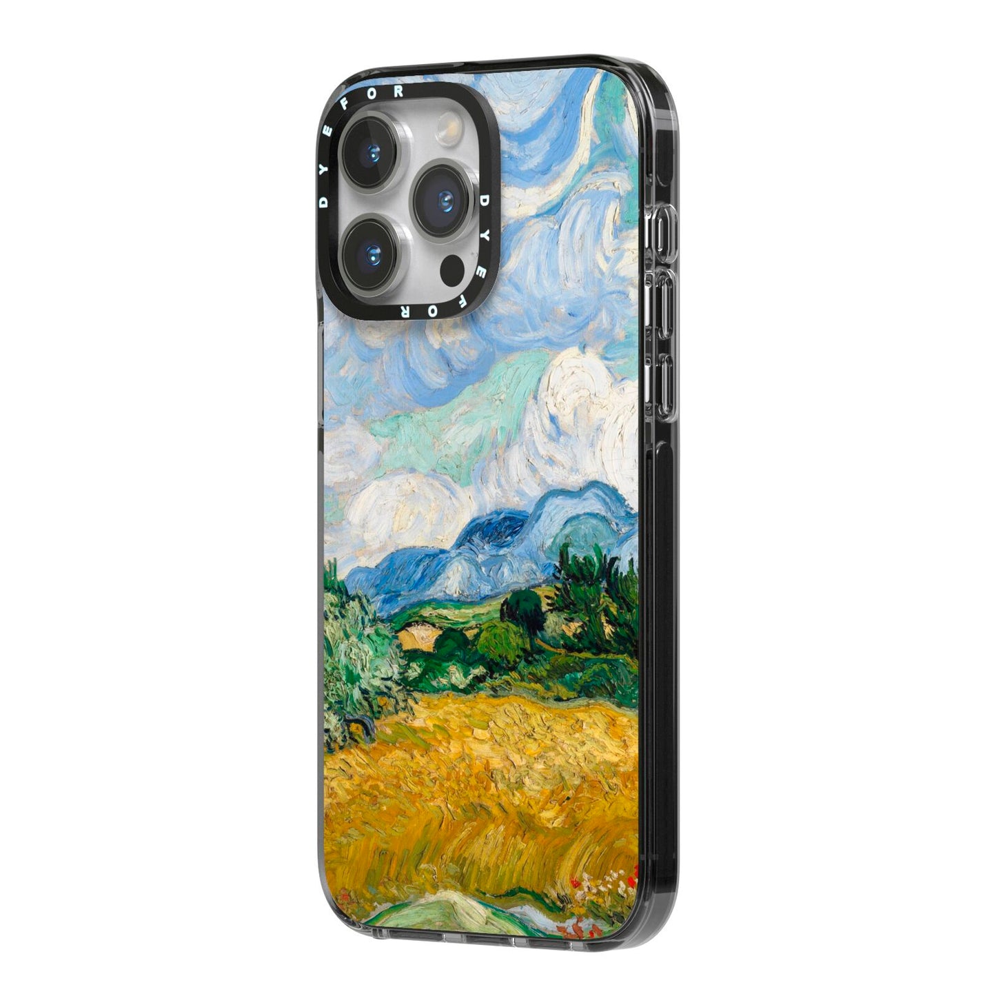 Van Gogh Wheat Field with Cypresses iPhone 14 Pro Max Black Impact Case Side Angle on Silver phone