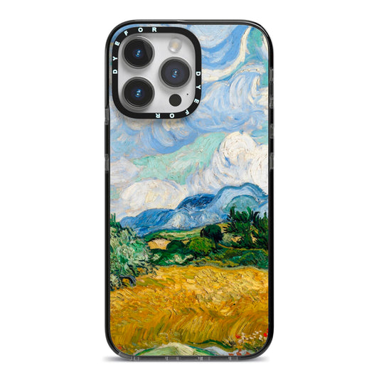 Van Gogh Wheat Field with Cypresses iPhone 14 Pro Max Black Impact Case on Silver phone