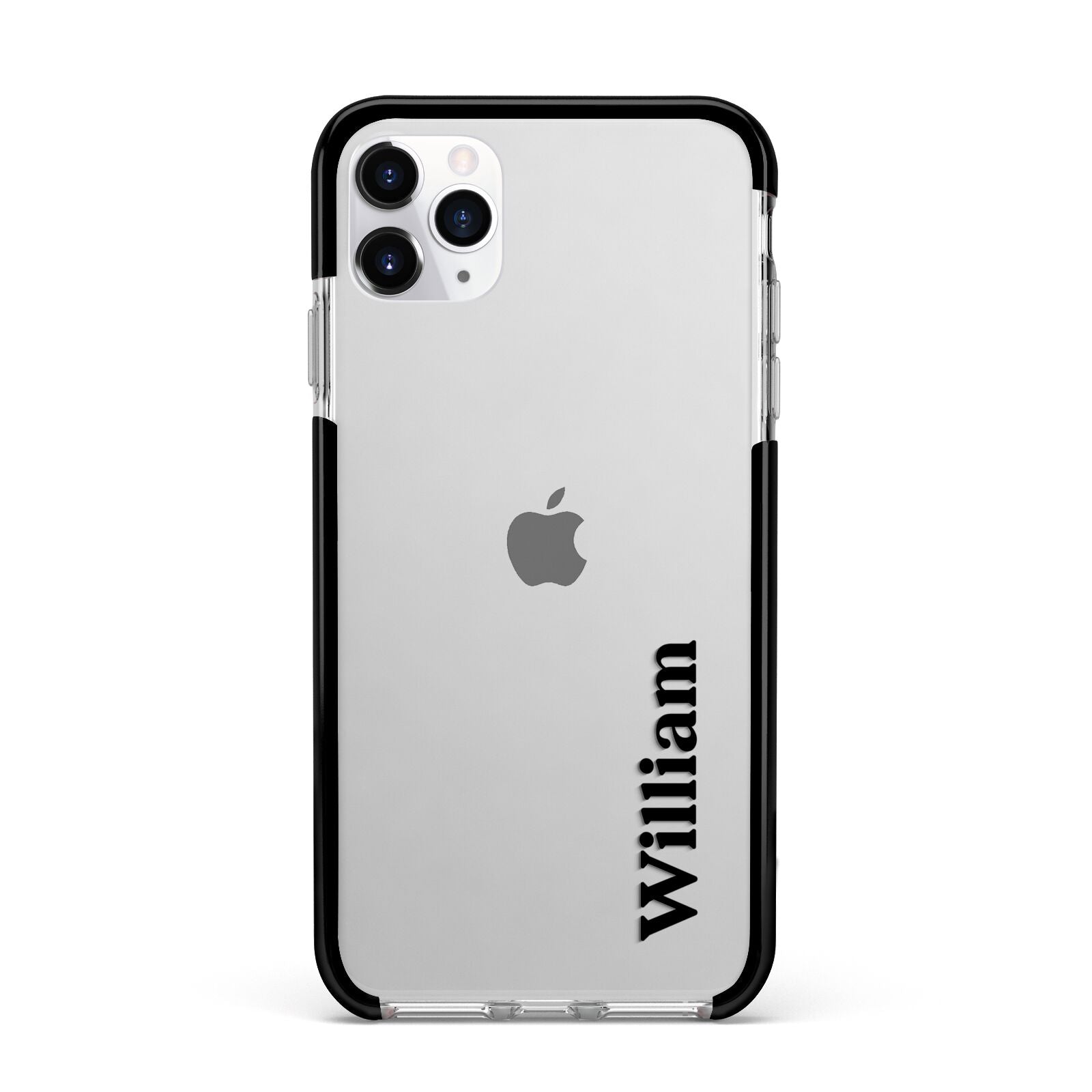 Vertical Name Apple iPhone 11 Pro Max in Silver with Black Impact Case