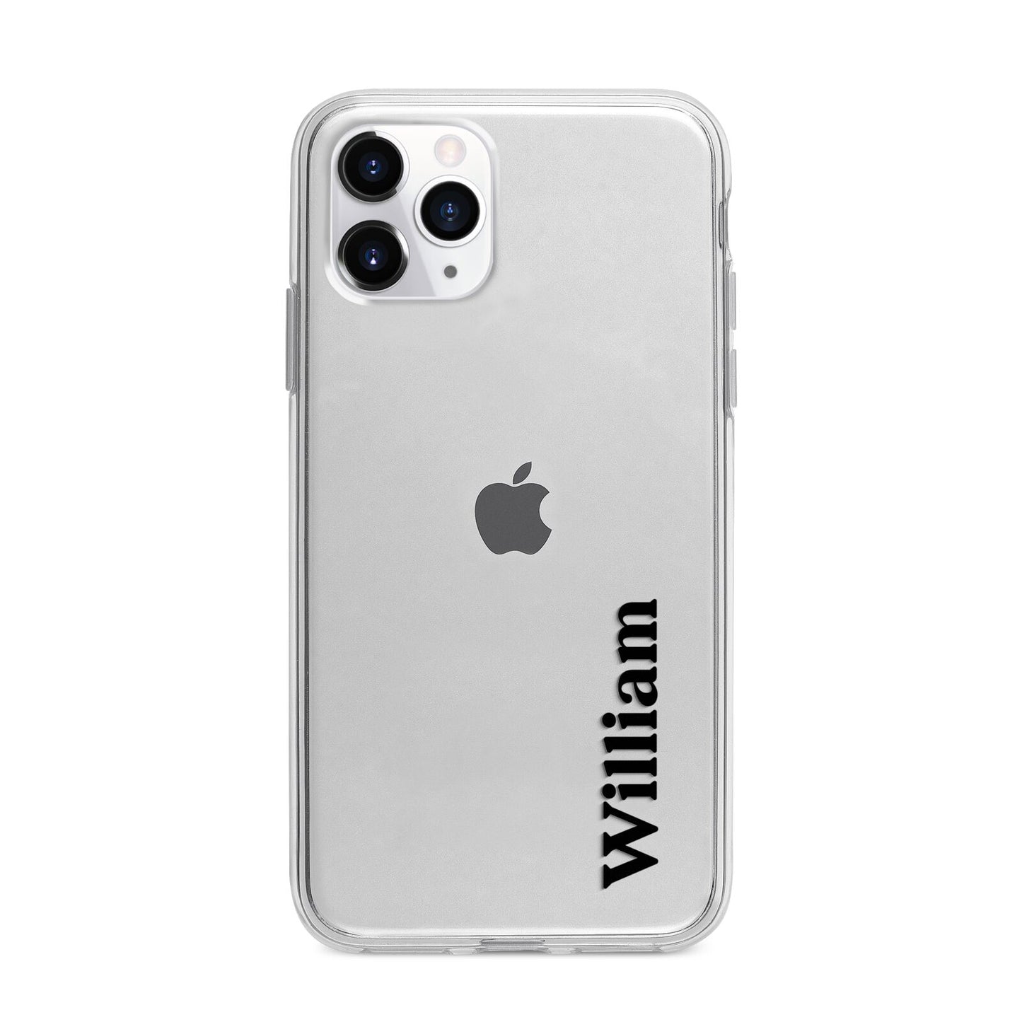 Vertical Name Apple iPhone 11 Pro Max in Silver with Bumper Case