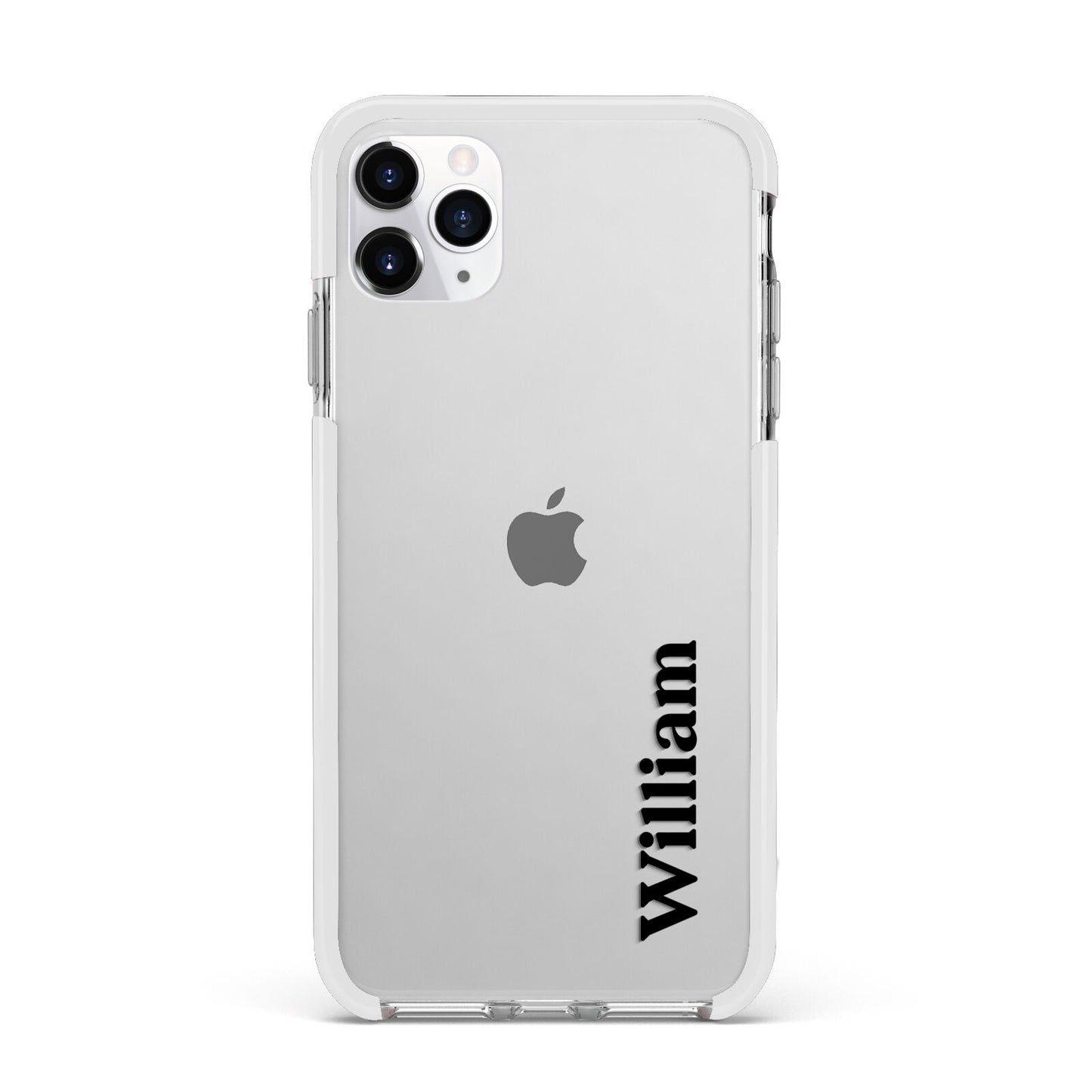 Vertical Name Apple iPhone 11 Pro Max in Silver with White Impact Case