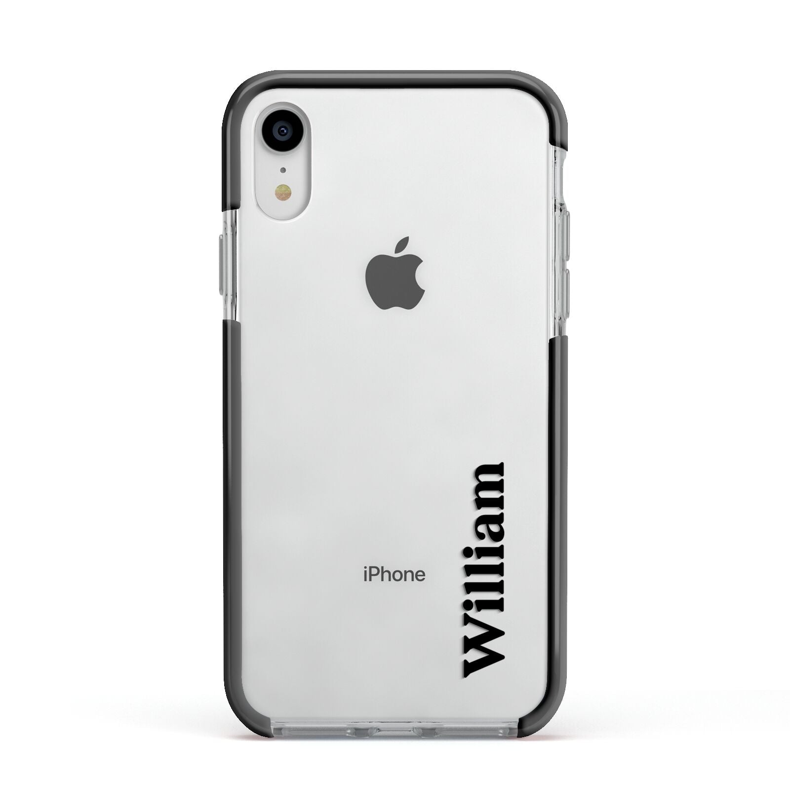 Vertical Name Apple iPhone XR Impact Case Black Edge on Silver Phone