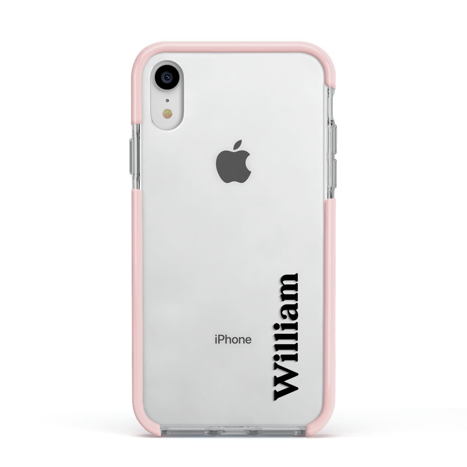 Vertical Name Apple iPhone XR Impact Case Pink Edge on Silver Phone