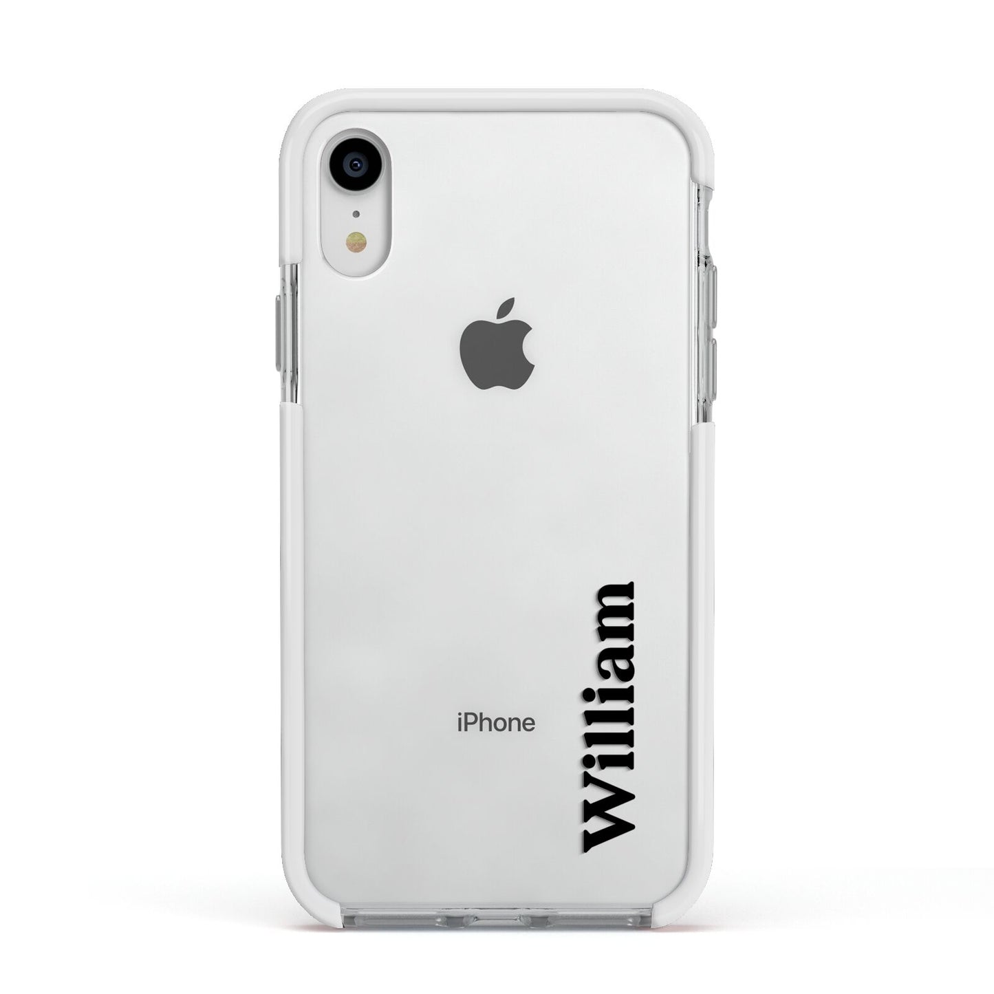 Vertical Name Apple iPhone XR Impact Case White Edge on Silver Phone