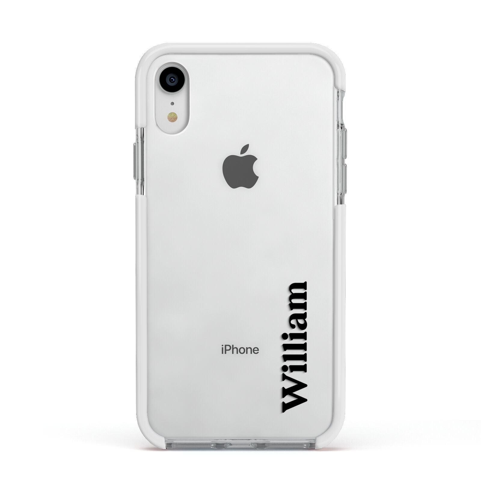 Vertical Name Apple iPhone XR Impact Case White Edge on Silver Phone