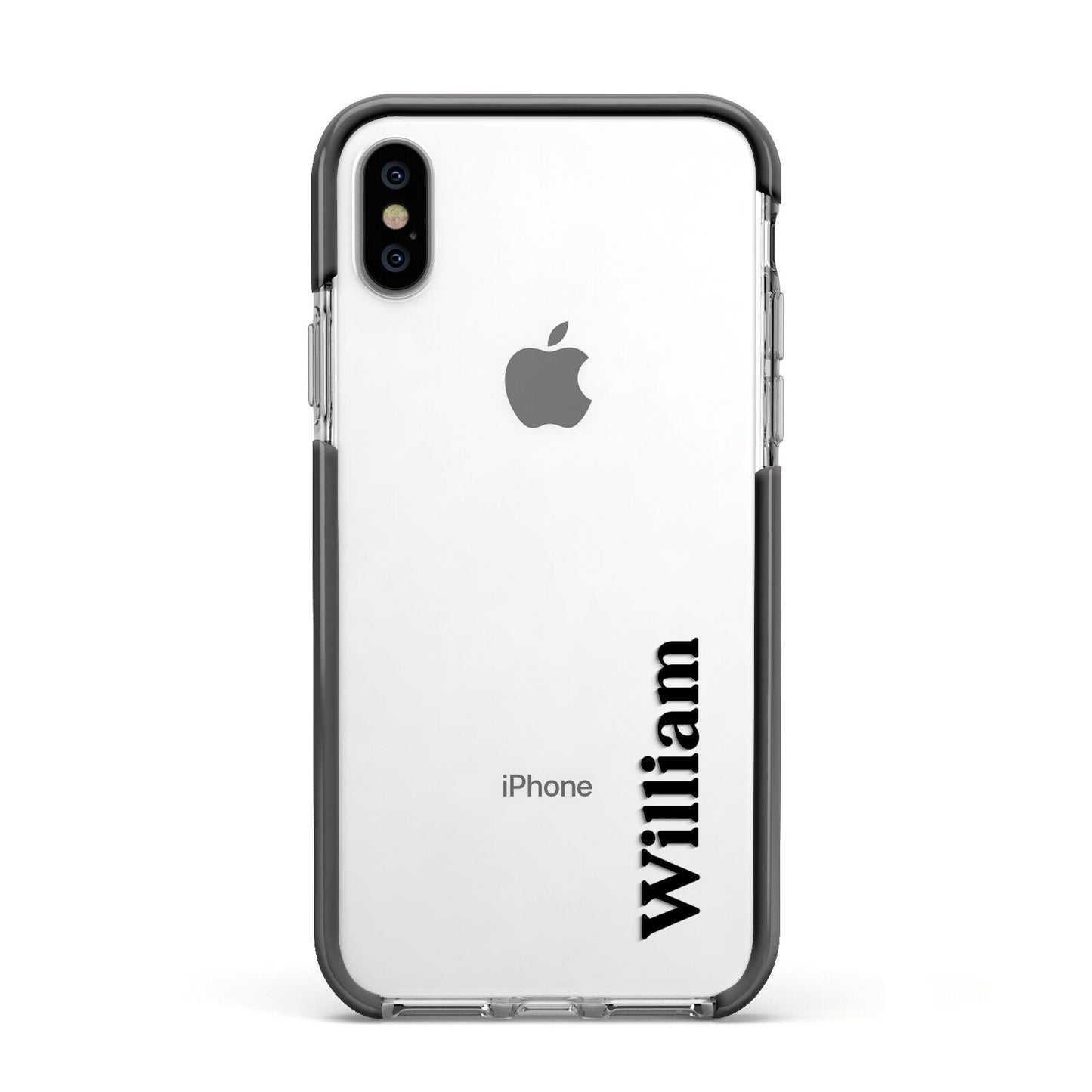 Vertical Name Apple iPhone Xs Impact Case Black Edge on Silver Phone