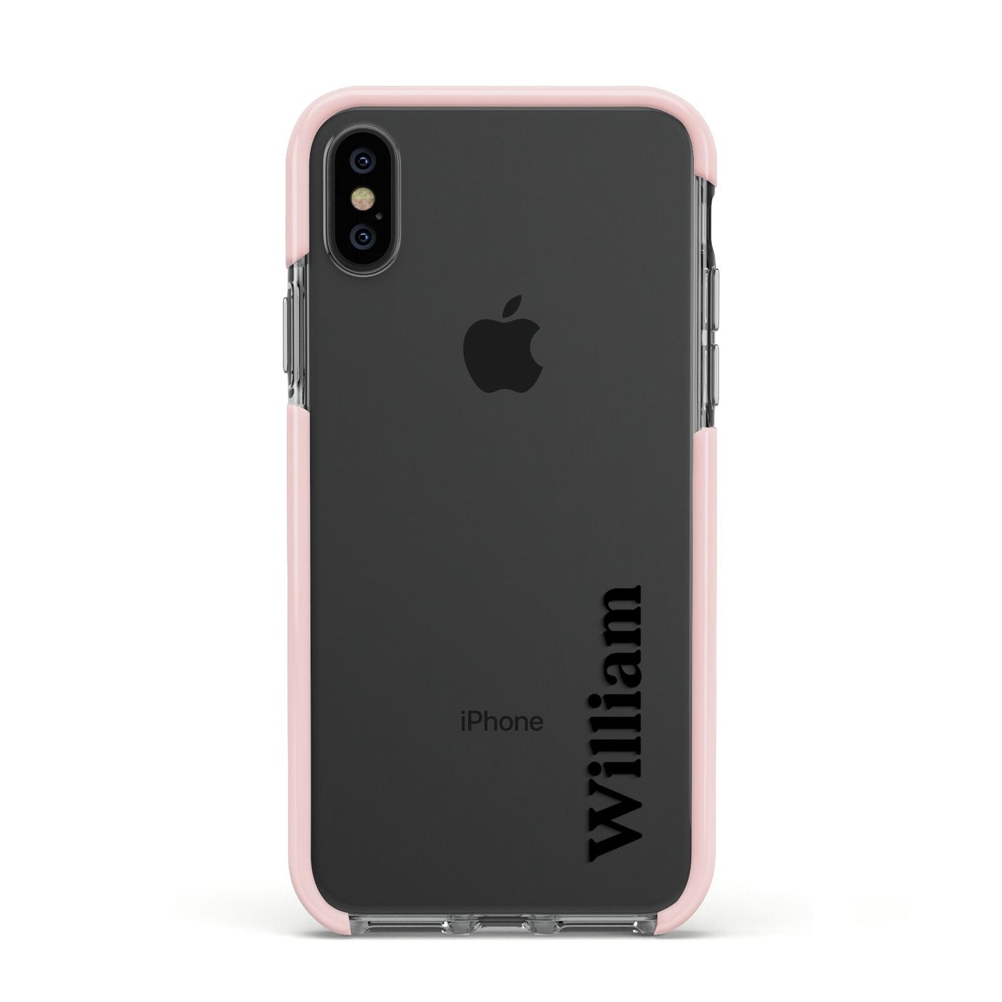 Vertical Name Apple iPhone Xs Impact Case Pink Edge on Black Phone