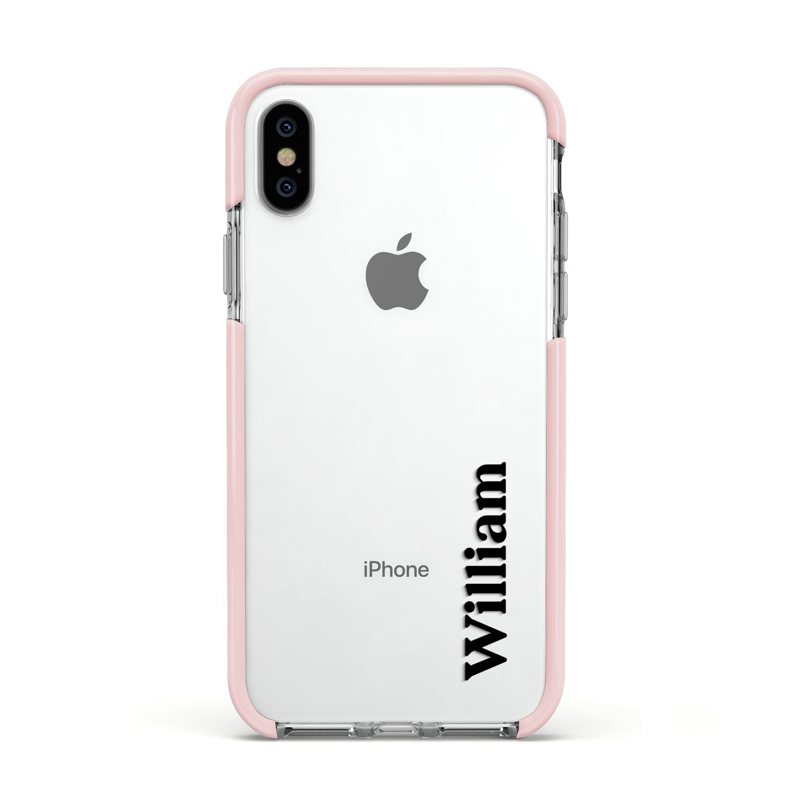 Vertical Name Apple iPhone Xs Impact Case Pink Edge on Silver Phone