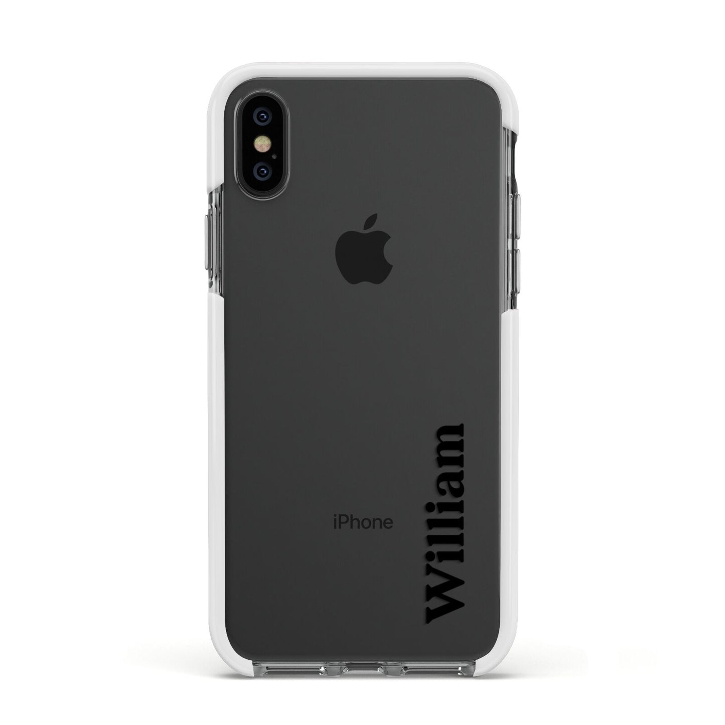 Vertical Name Apple iPhone Xs Impact Case White Edge on Black Phone