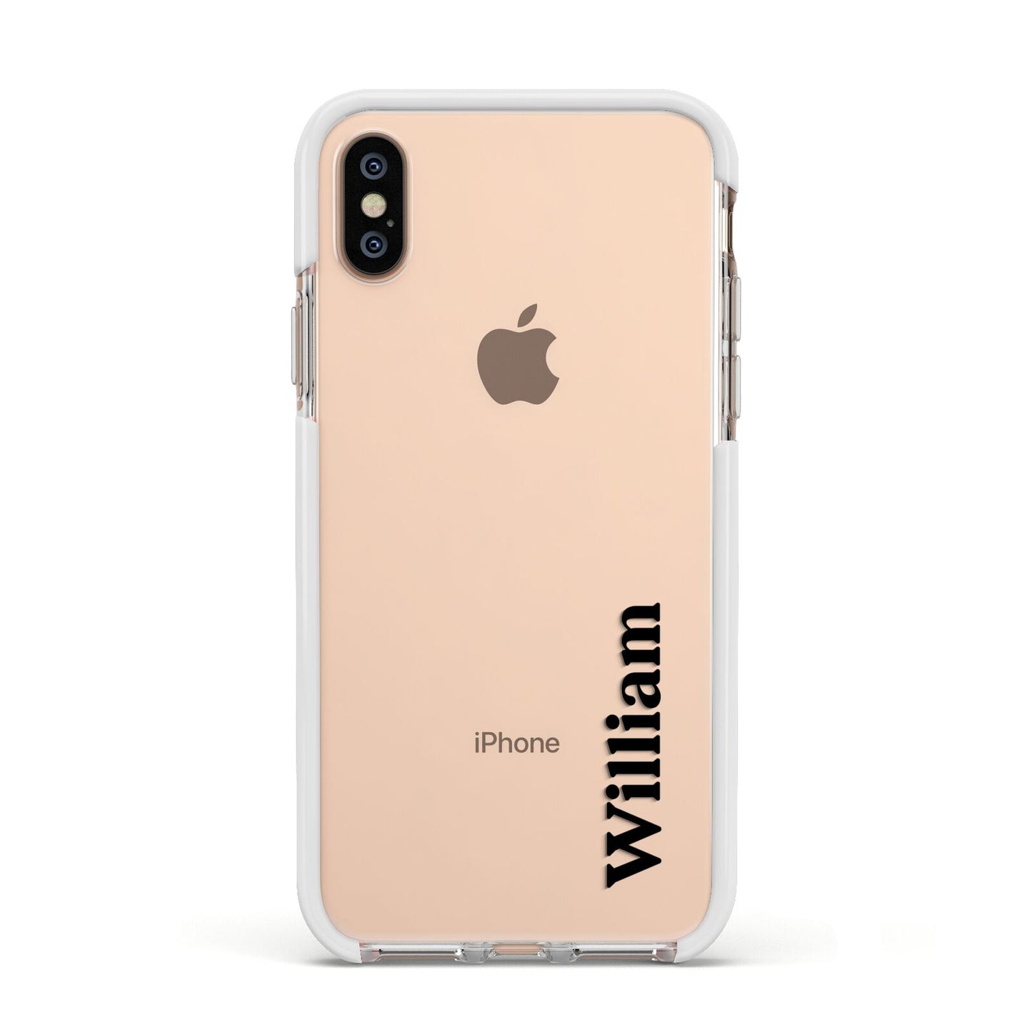 Vertical Name Apple iPhone Xs Impact Case White Edge on Gold Phone