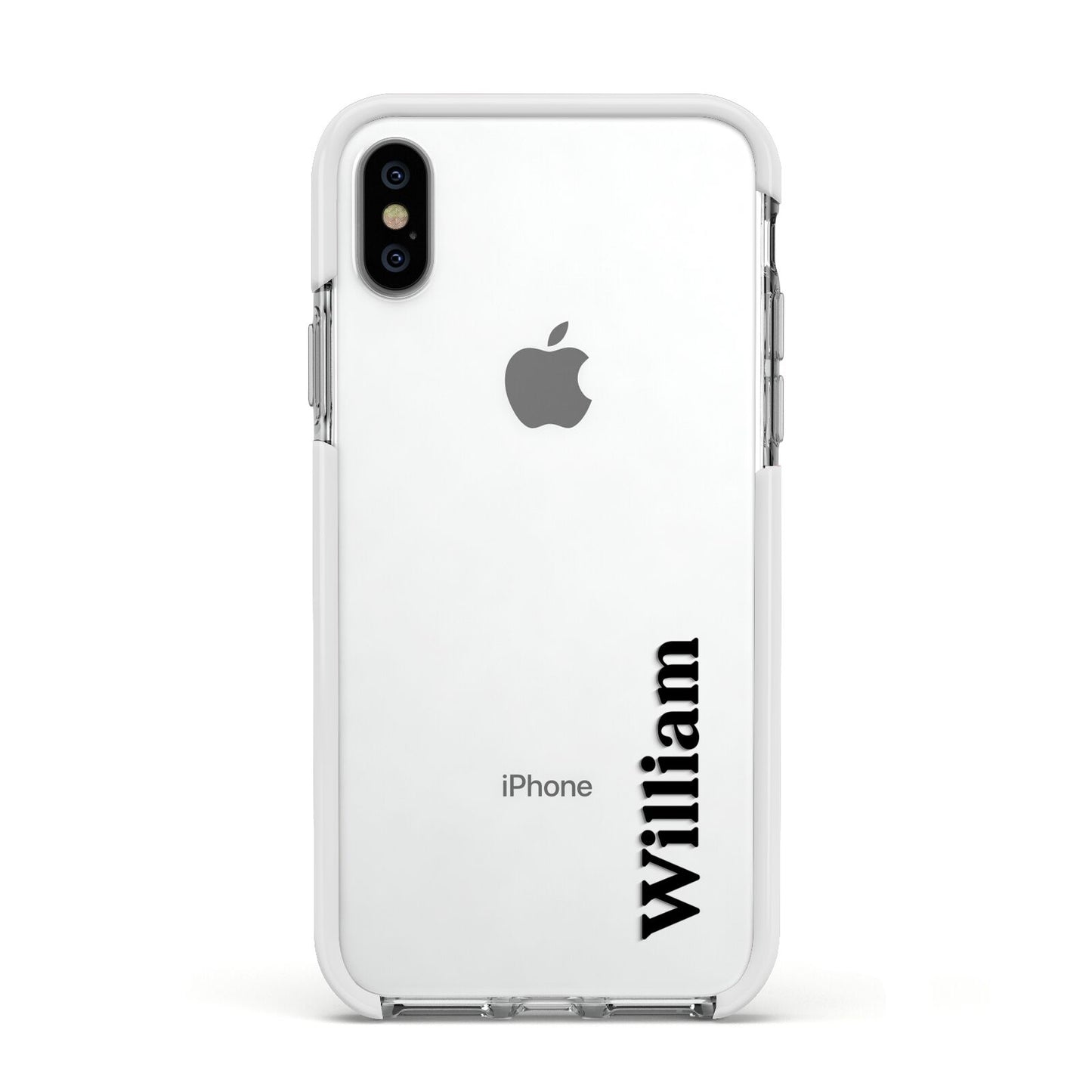 Vertical Name Apple iPhone Xs Impact Case White Edge on Silver Phone