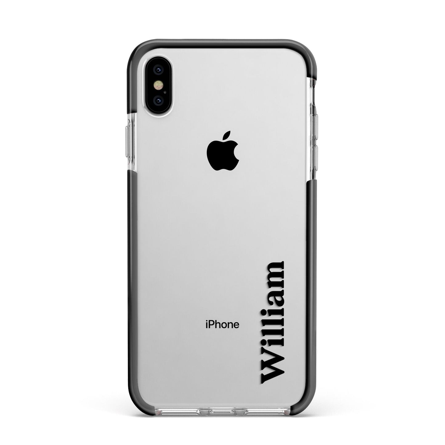 Vertical Name Apple iPhone Xs Max Impact Case Black Edge on Silver Phone