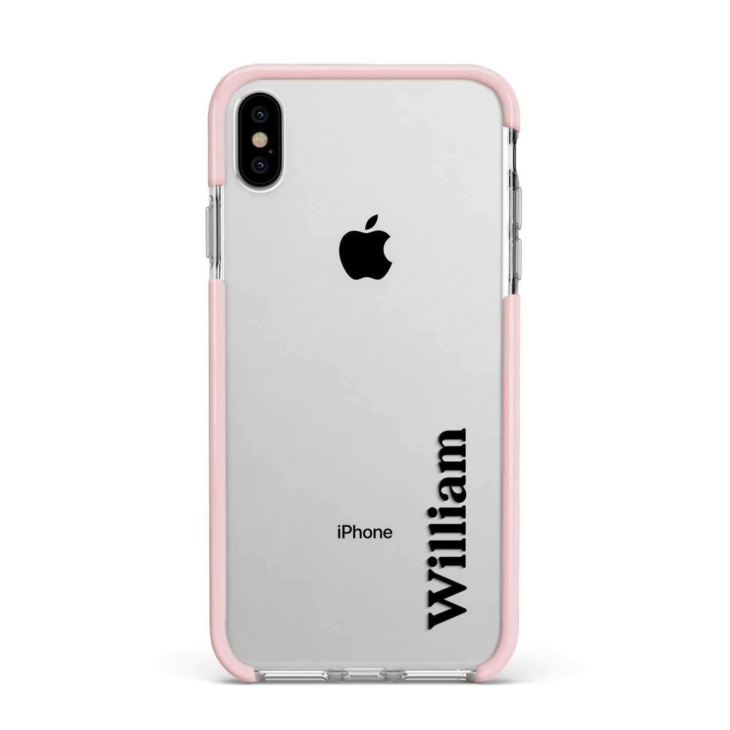 Vertical Name Apple iPhone Xs Max Impact Case Pink Edge on Silver Phone