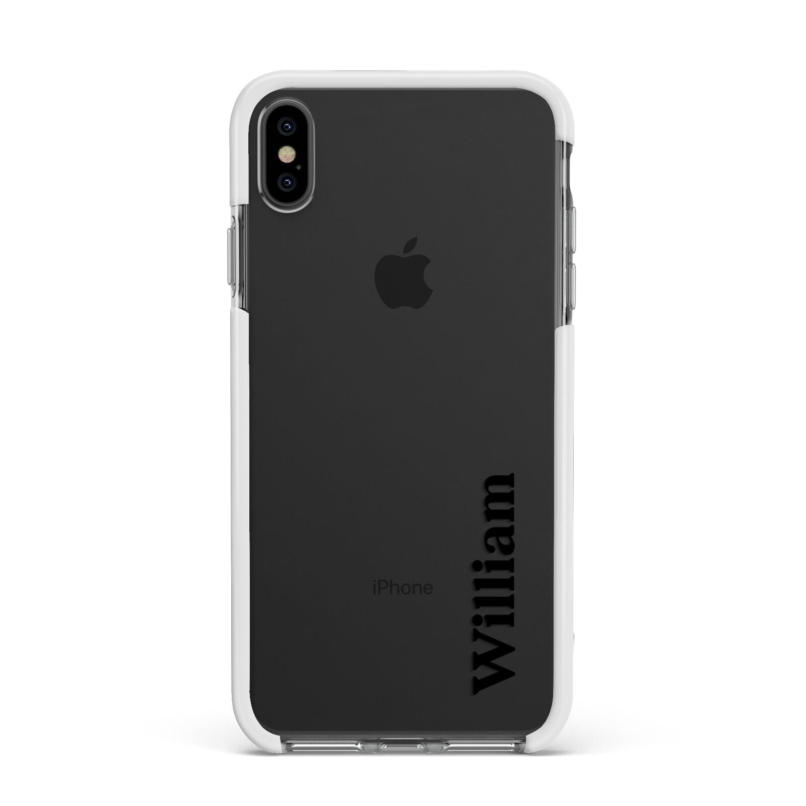 Vertical Name Apple iPhone Xs Max Impact Case White Edge on Black Phone