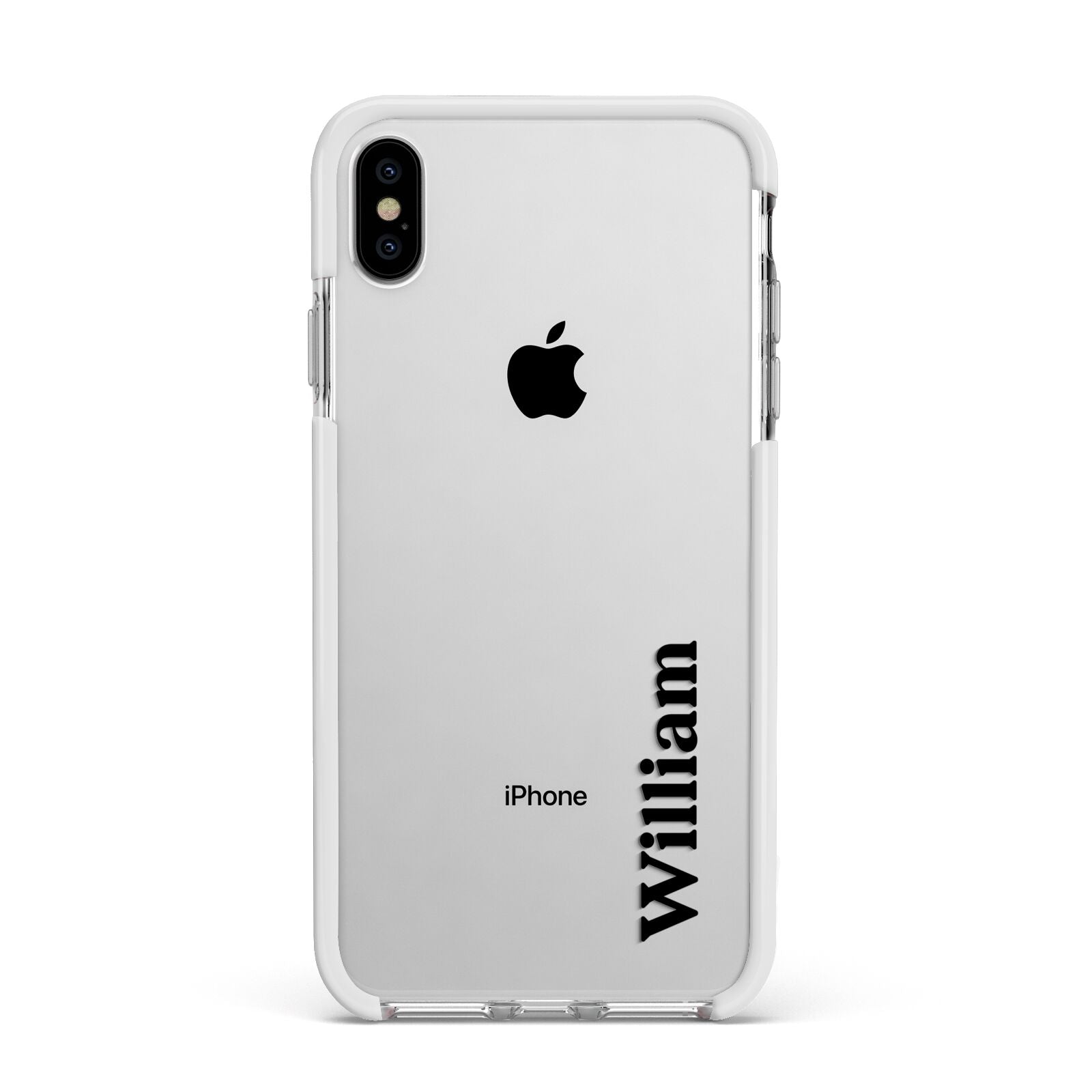 Vertical Name Apple iPhone Xs Max Impact Case White Edge on Silver Phone