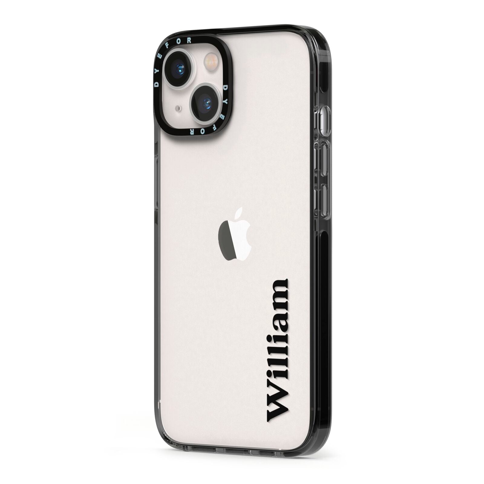 Vertical Name iPhone 13 Black Impact Case Side Angle on Silver phone