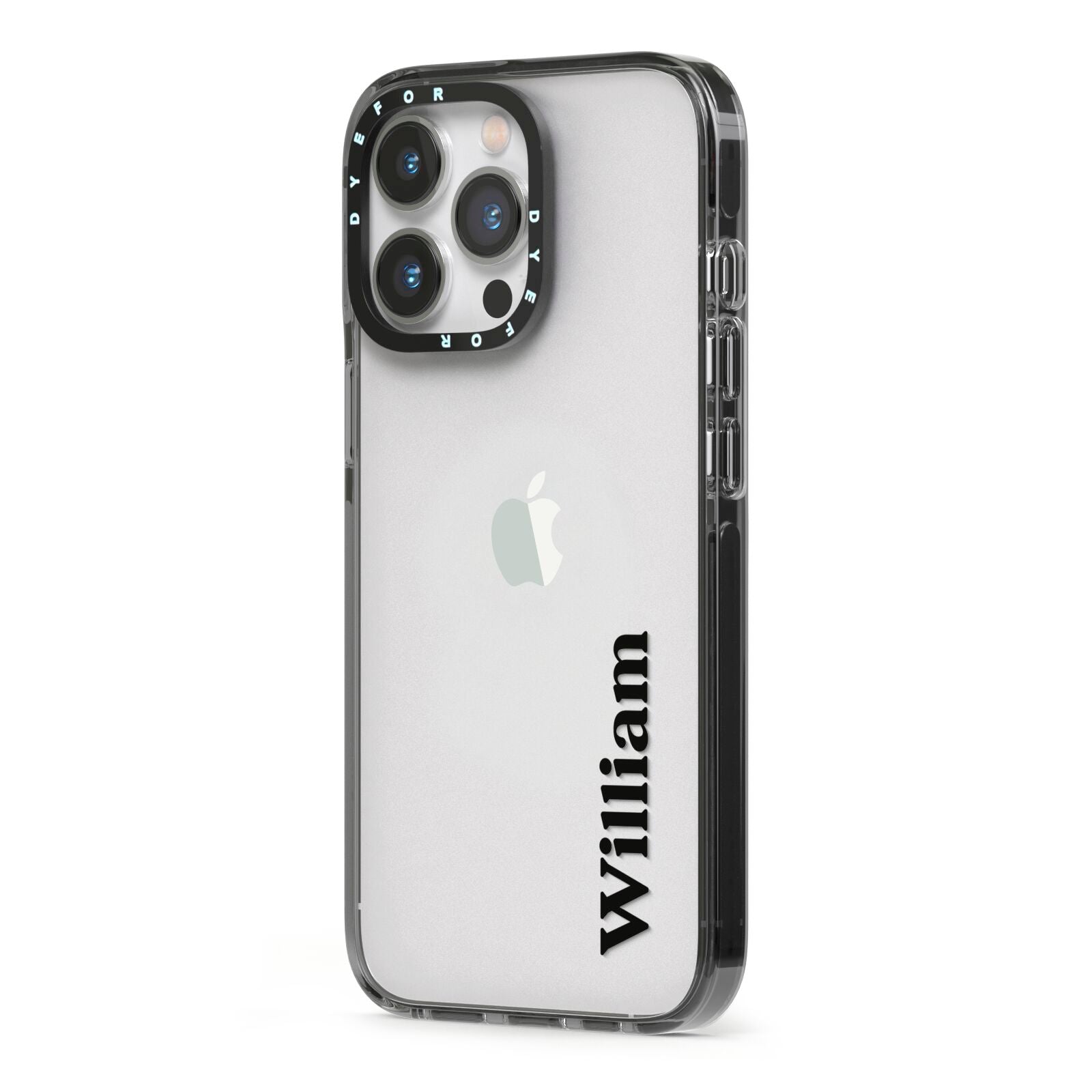 Vertical Name iPhone 13 Pro Black Impact Case Side Angle on Silver phone