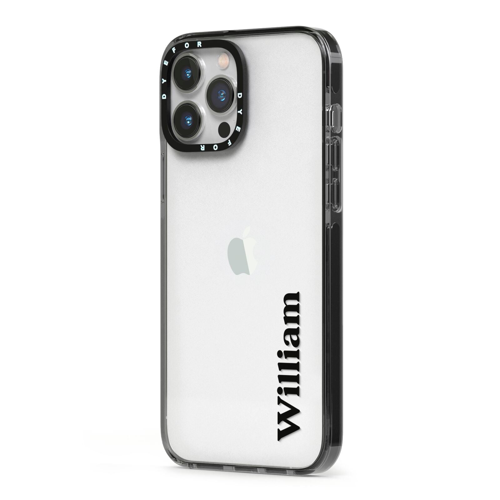 Vertical Name iPhone 13 Pro Max Black Impact Case Side Angle on Silver phone