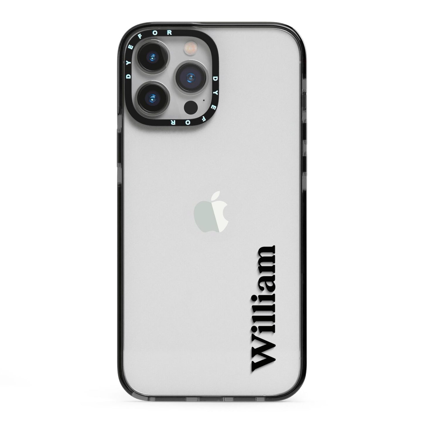 Vertical Name iPhone 13 Pro Max Black Impact Case on Silver phone