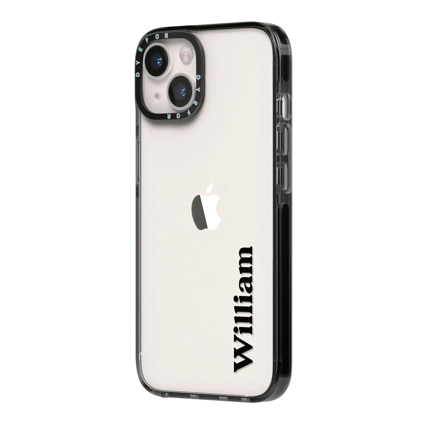 Vertical Name iPhone 14 Black Impact Case Side Angle on Silver phone