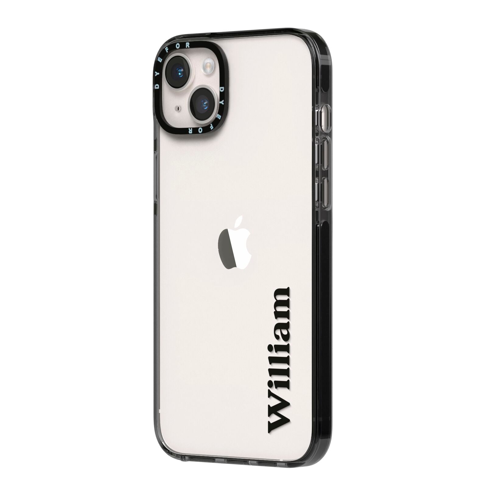 Vertical Name iPhone 14 Plus Black Impact Case Side Angle on Silver phone