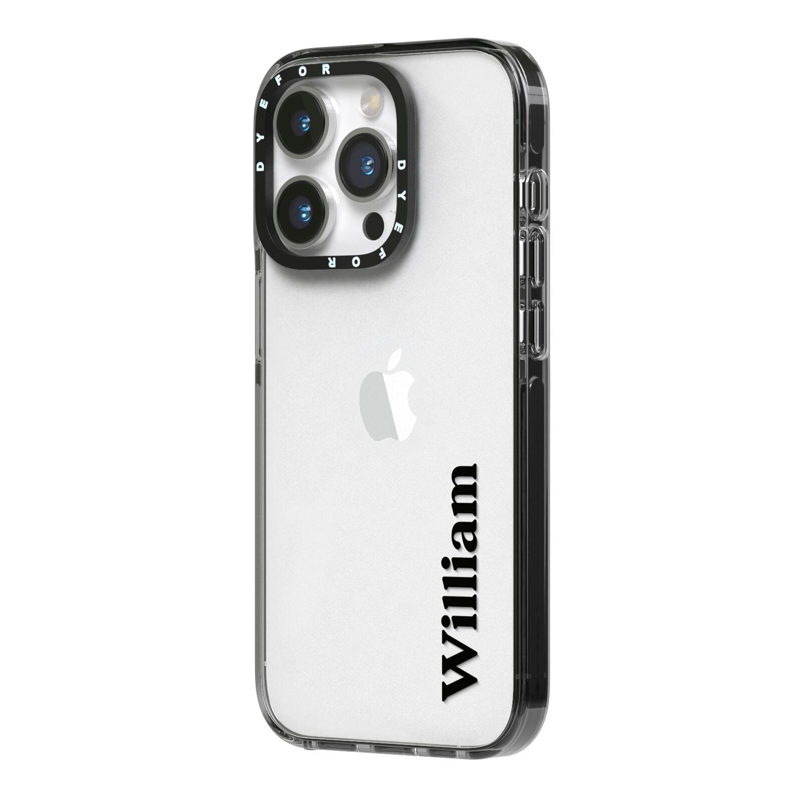 Vertical Name iPhone 14 Pro Black Impact Case Side Angle on Silver phone