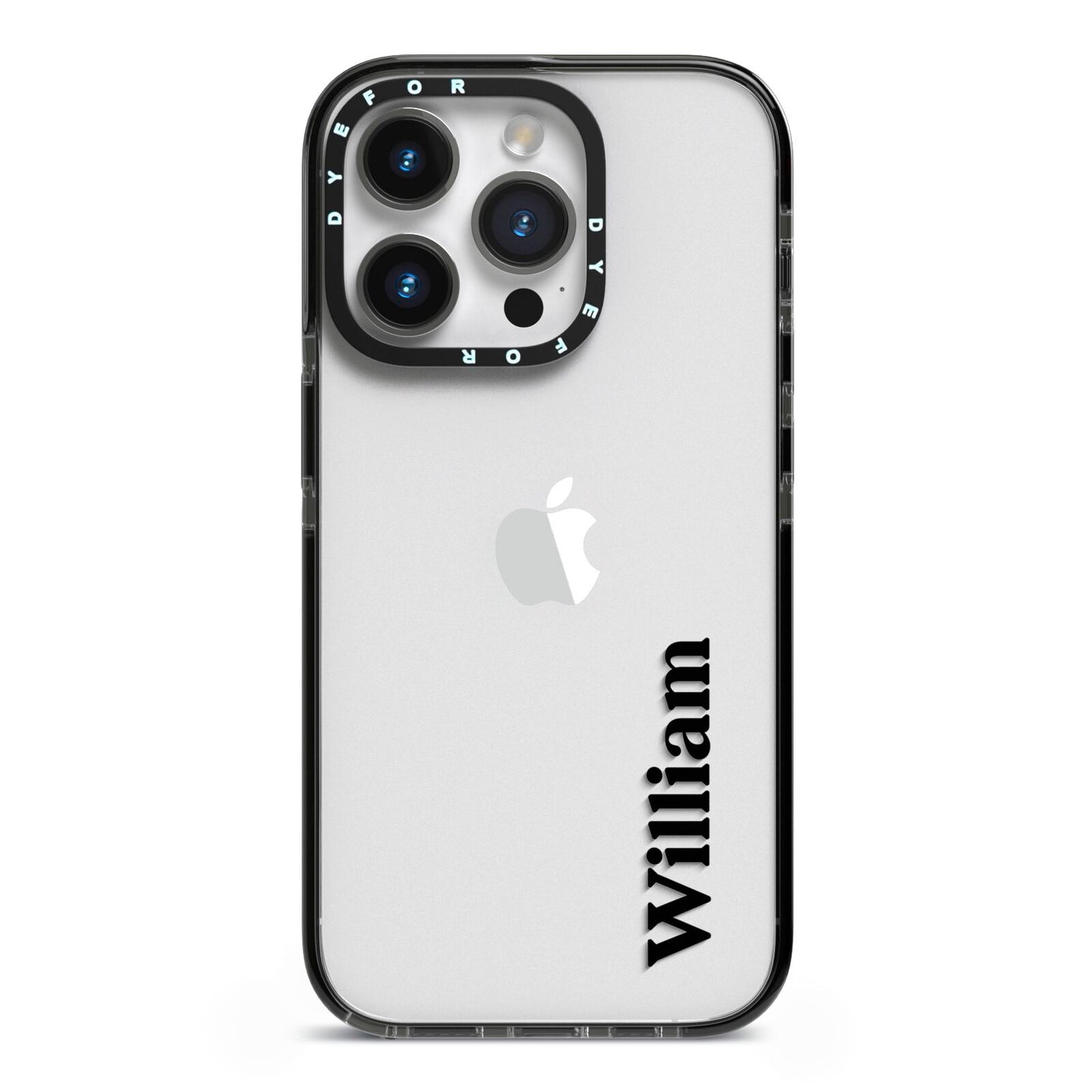 Vertical Name iPhone 14 Pro Black Impact Case on Silver phone