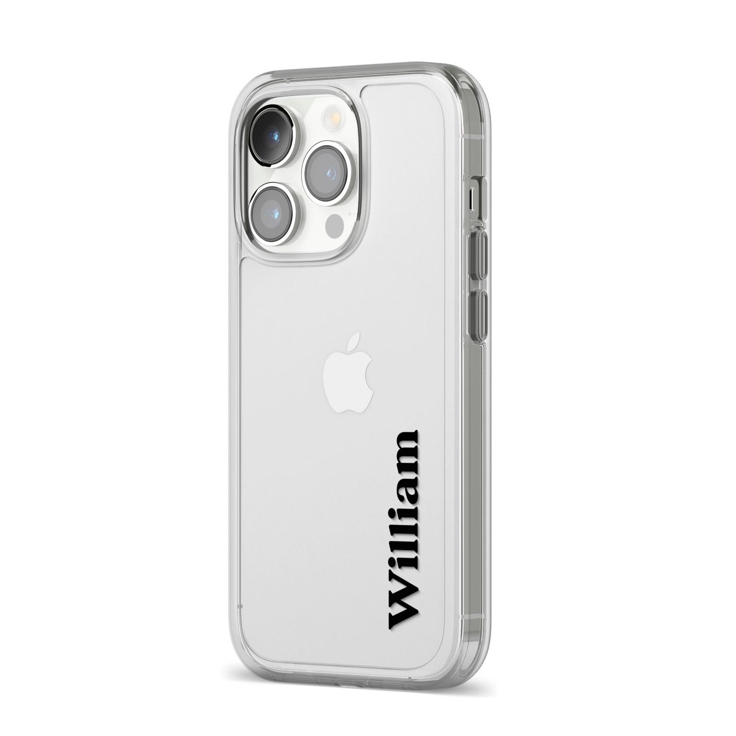 Vertical Name iPhone 14 Pro Clear Tough Case Silver Angled Image