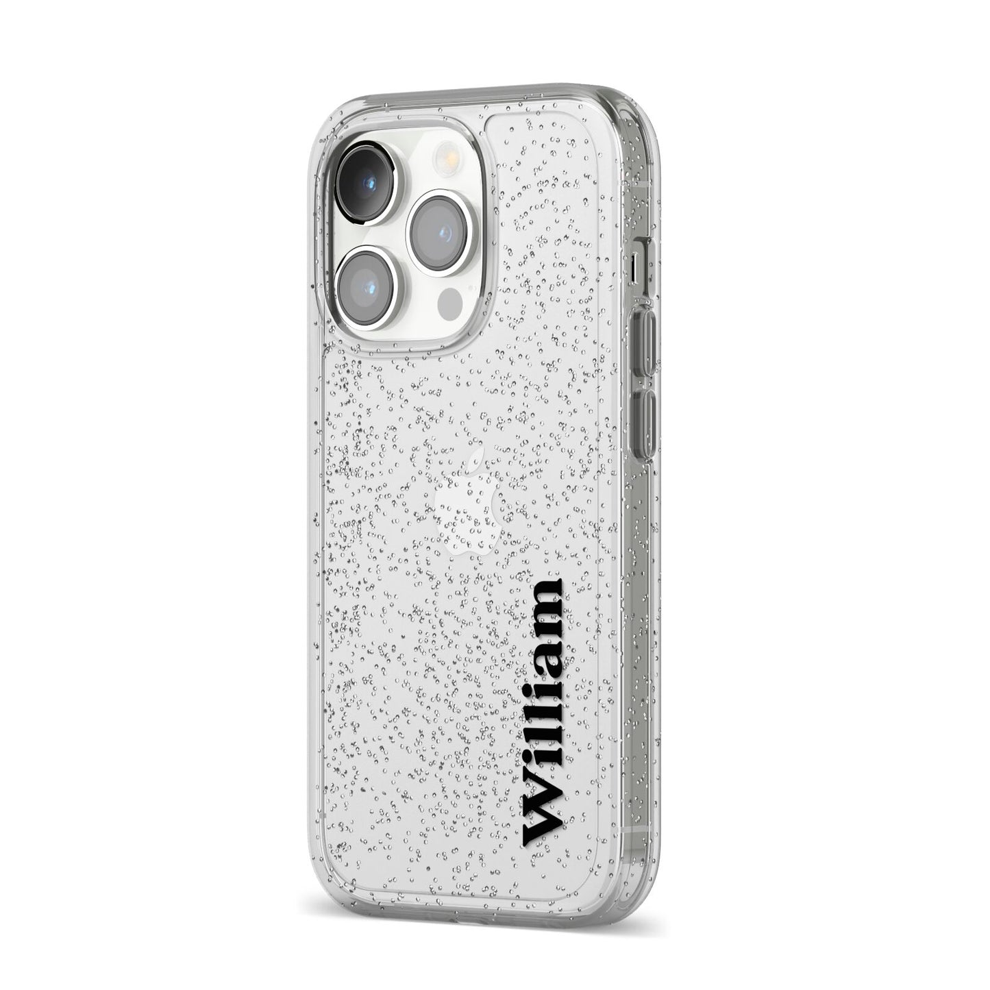 Vertical Name iPhone 14 Pro Glitter Tough Case Silver Angled Image