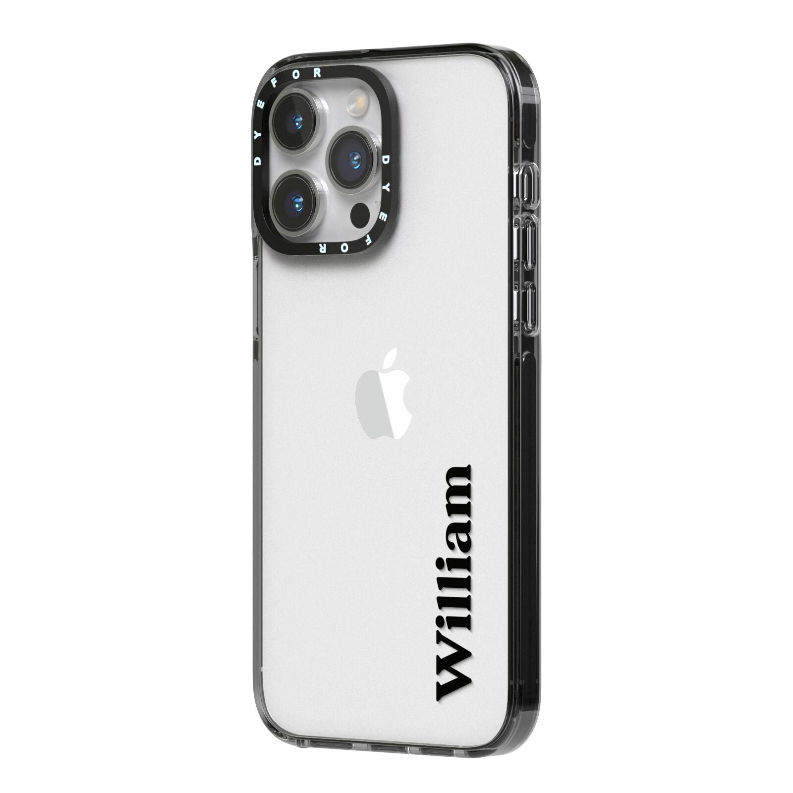 Vertical Name iPhone 14 Pro Max Black Impact Case Side Angle on Silver phone