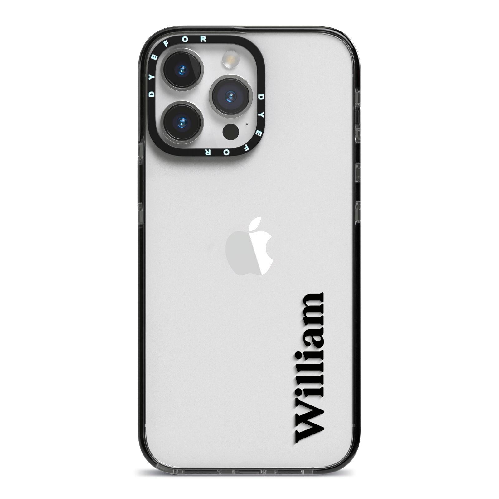 Vertical Name iPhone 14 Pro Max Black Impact Case on Silver phone