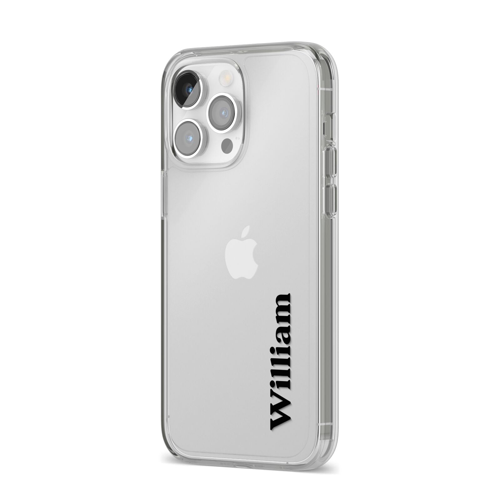 Vertical Name iPhone 14 Pro Max Clear Tough Case Silver Angled Image