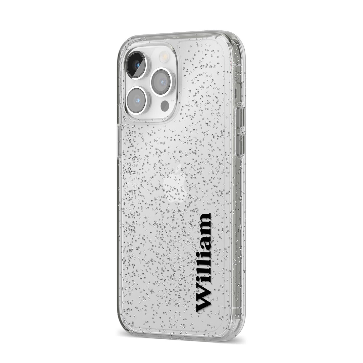 Vertical Name iPhone 14 Pro Max Glitter Tough Case Silver Angled Image