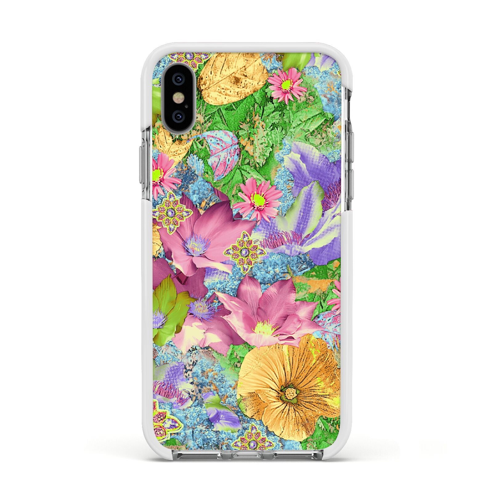 Vintage Floral Pattern Apple iPhone Xs Impact Case White Edge on Silver Phone