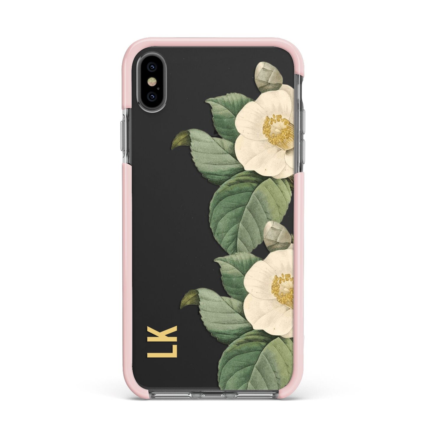 Vintage Flowers Personalised Apple iPhone Xs Max Impact Case Pink Edge on Black Phone