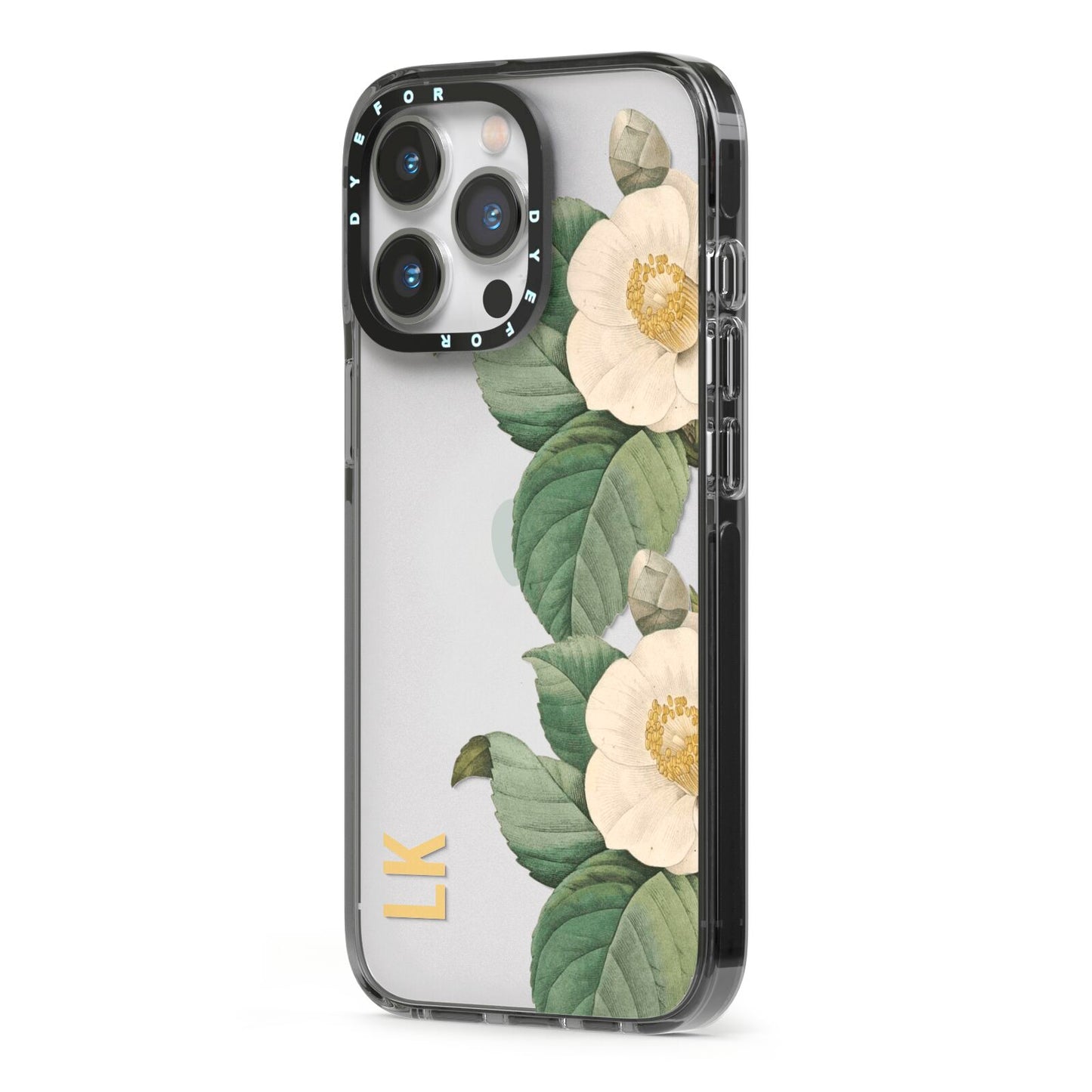 Vintage Flowers Personalised iPhone 13 Pro Black Impact Case Side Angle on Silver phone