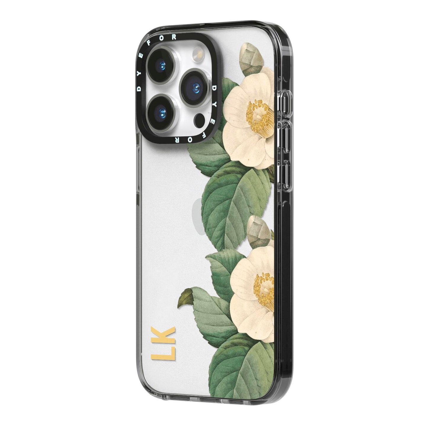 Vintage Flowers Personalised iPhone 14 Pro Black Impact Case Side Angle on Silver phone