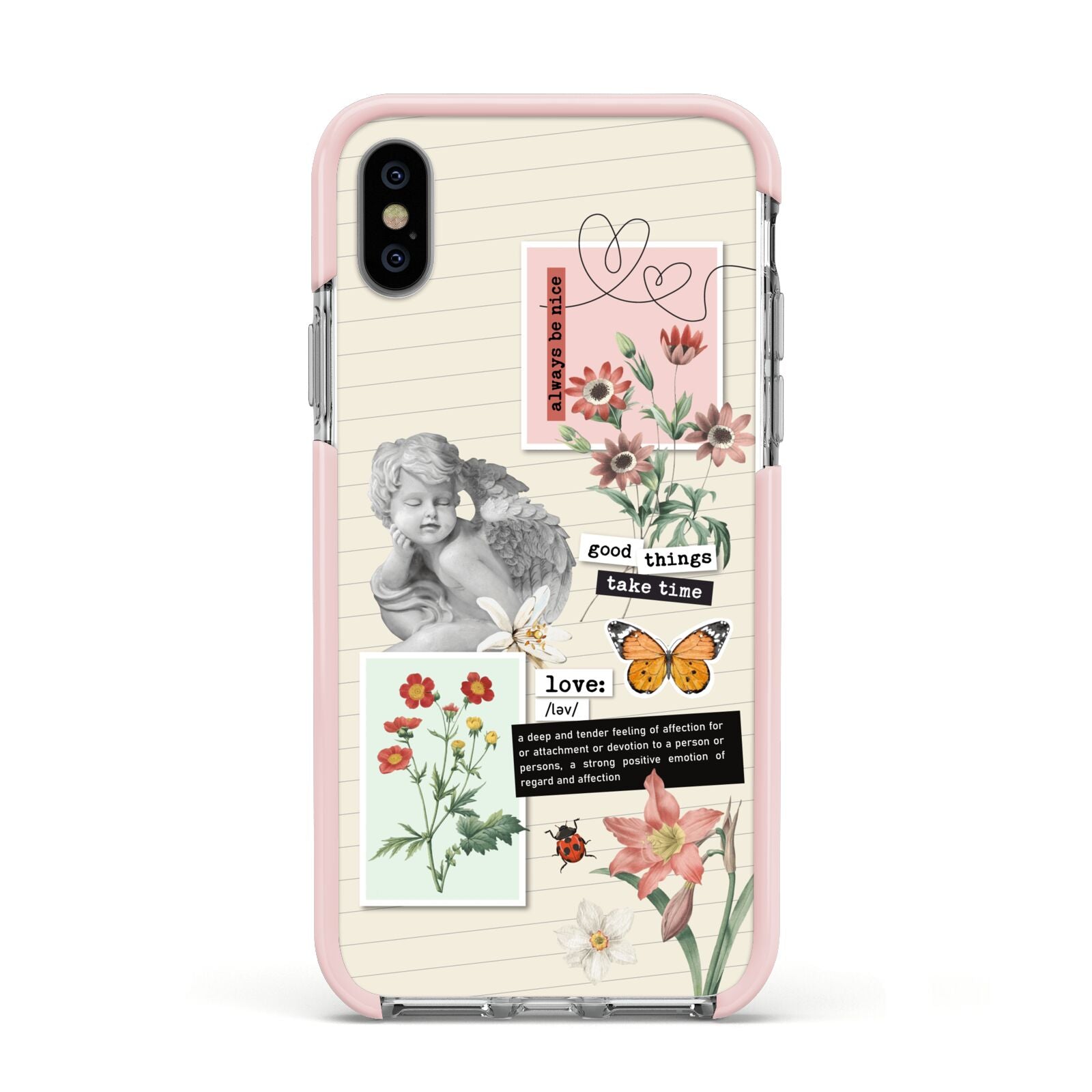 Vintage Love Collage Apple iPhone Xs Impact Case Pink Edge on Silver Phone