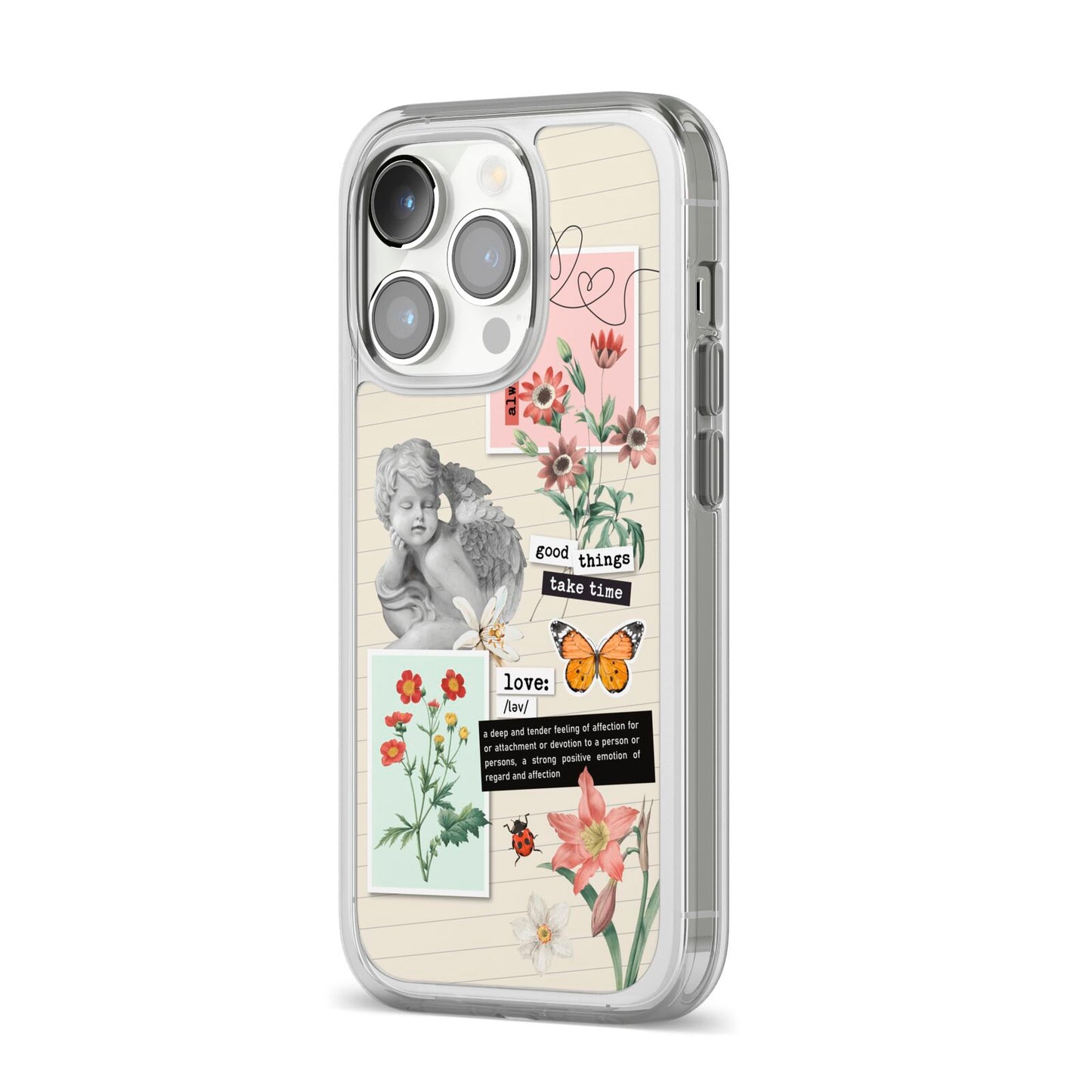 Vintage Love Collage iPhone 14 Pro Clear Tough Case Silver Angled Image