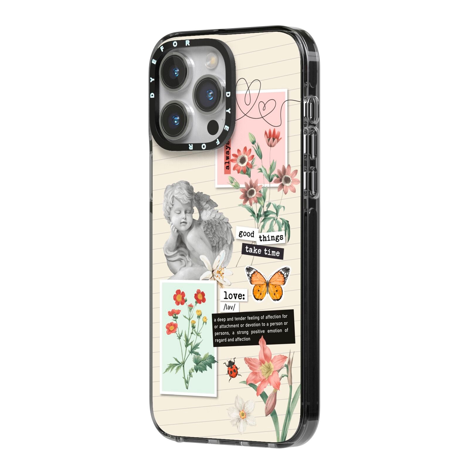 Vintage Love Collage iPhone 14 Pro Max Black Impact Case Side Angle on Silver phone