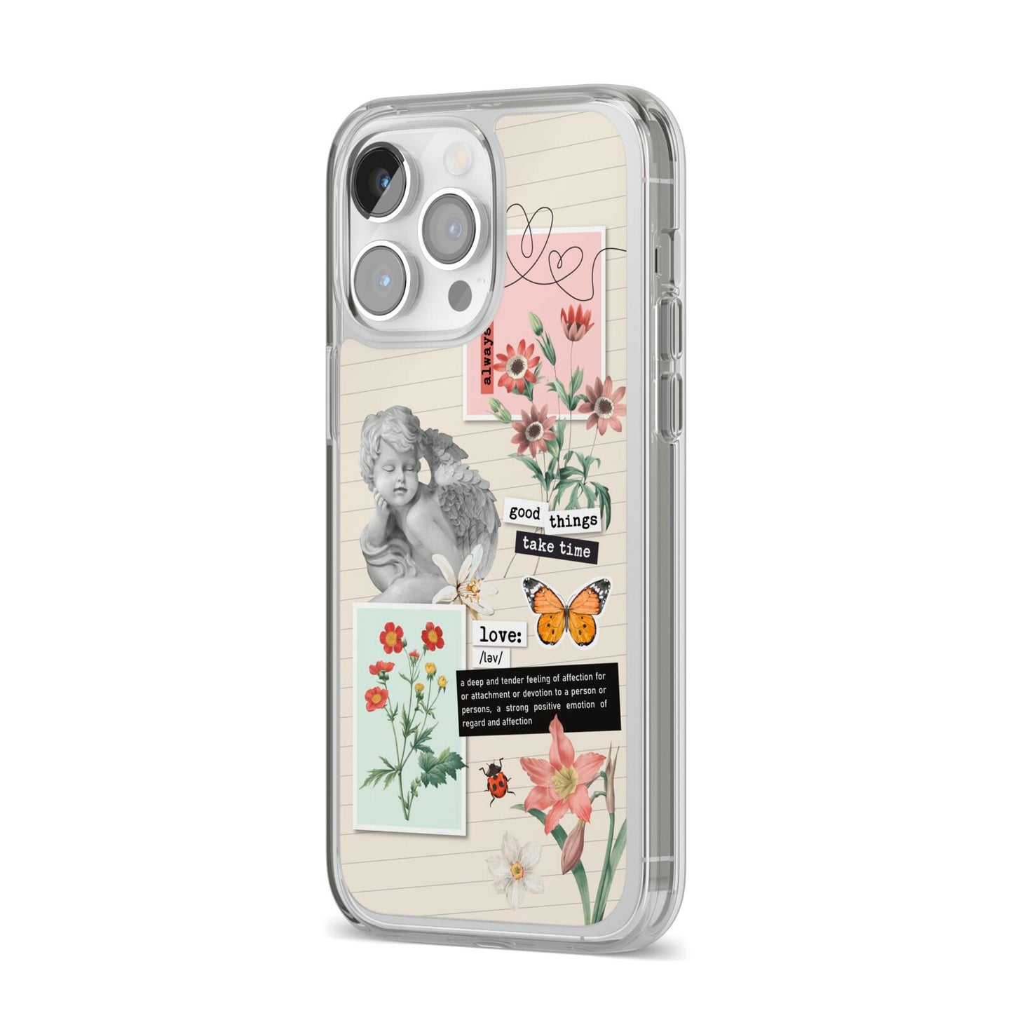 Vintage Love Collage iPhone 14 Pro Max Clear Tough Case Silver Angled Image