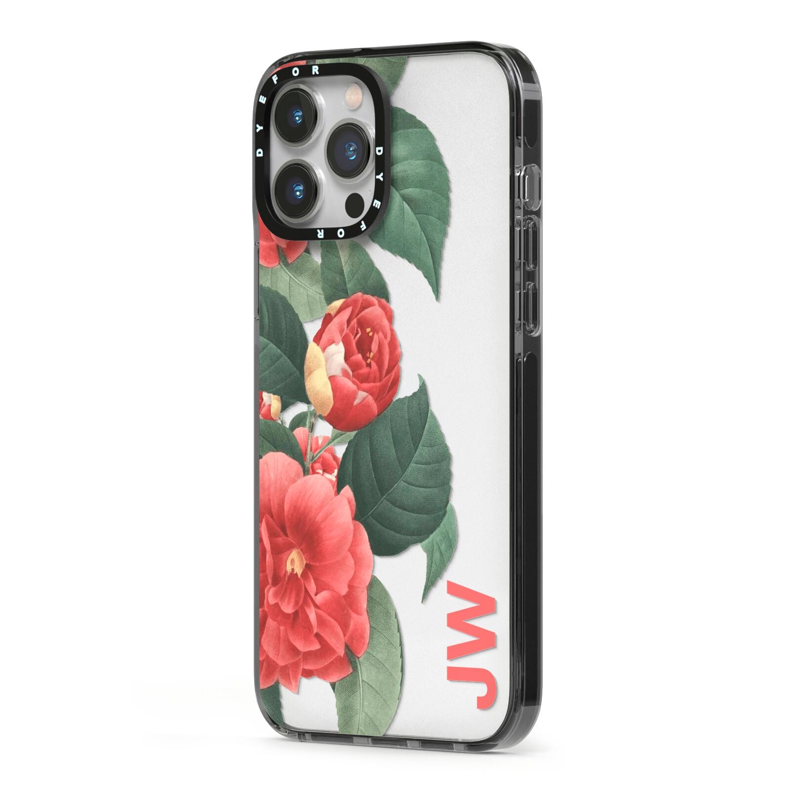 Vintage Personalised Flowers iPhone 13 Pro Max Black Impact Case Side Angle on Silver phone