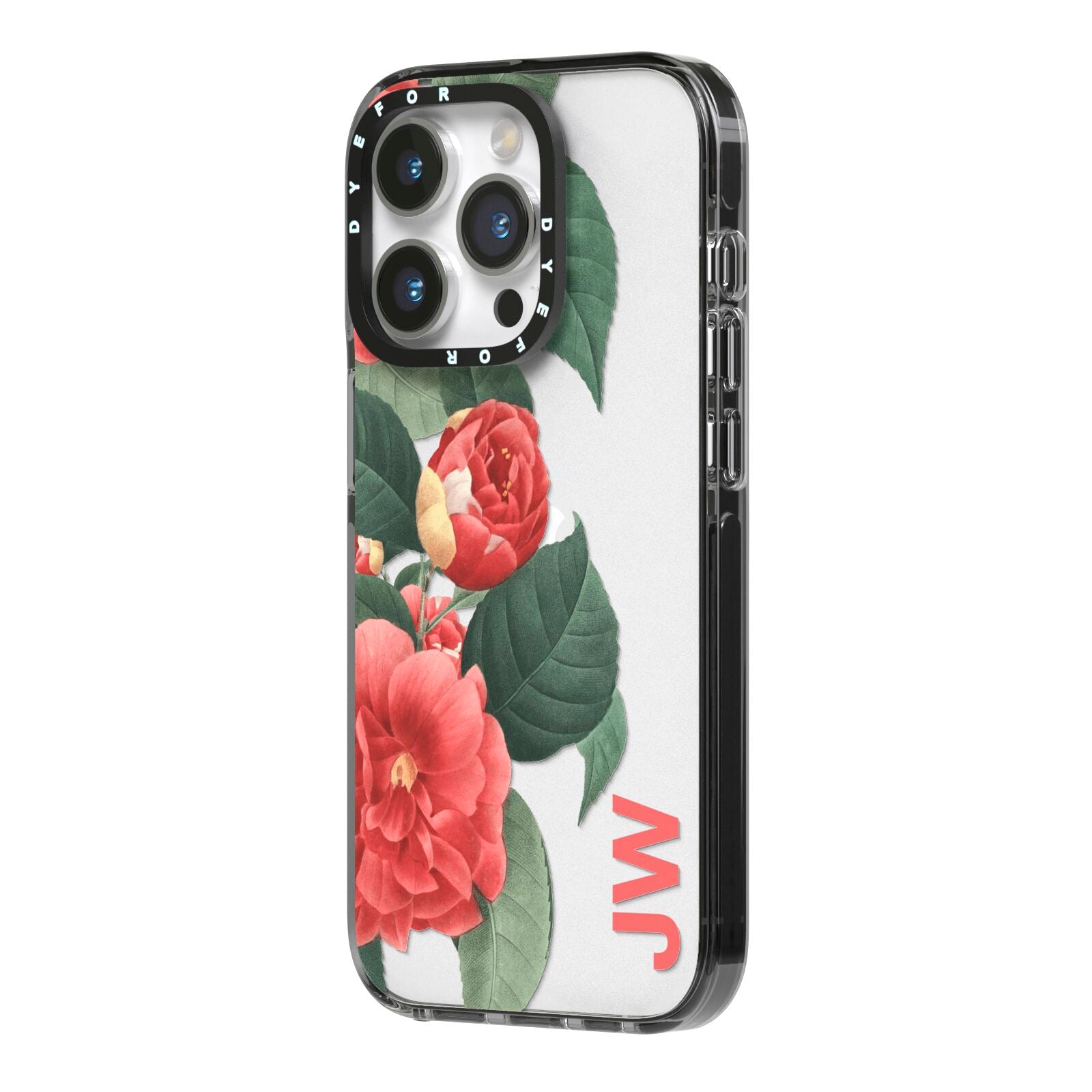 Vintage Personalised Flowers iPhone 14 Pro Black Impact Case Side Angle on Silver phone